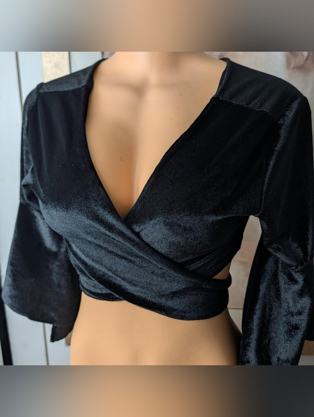 Black Velvet Wrap Crop Top Flare Sleeve V-Neck Goth Whimsigoth Style" Size S/M